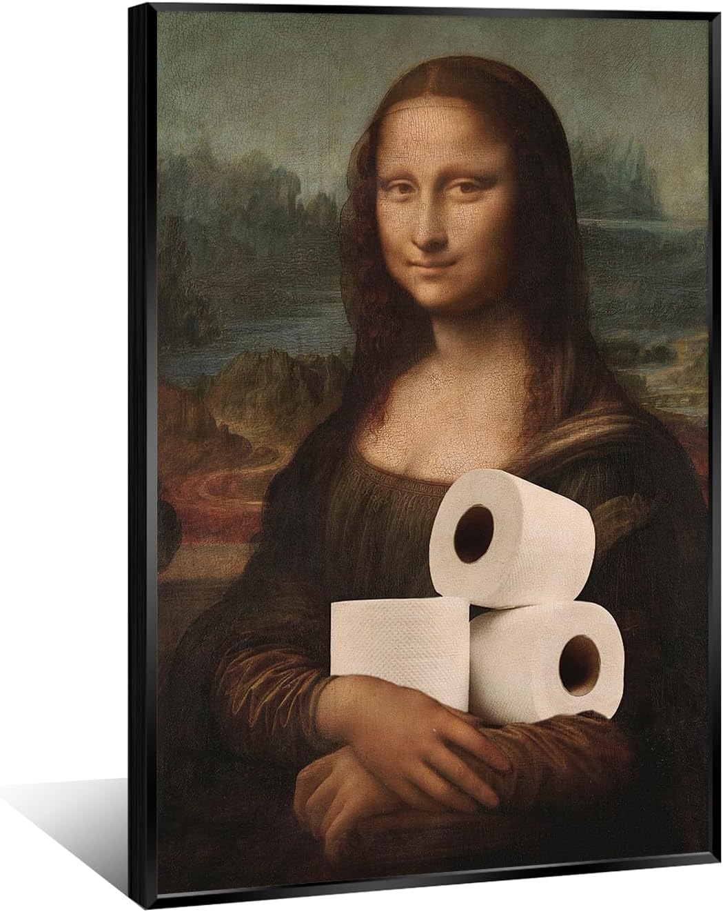 Funny Bathroom Wall Art Classical Oil Painting Mona Lisa and Toilet Paper Poster Amusing Prank Canvas Prints Vintage Humor Wall Decor for Restroom 20x30in Framed
