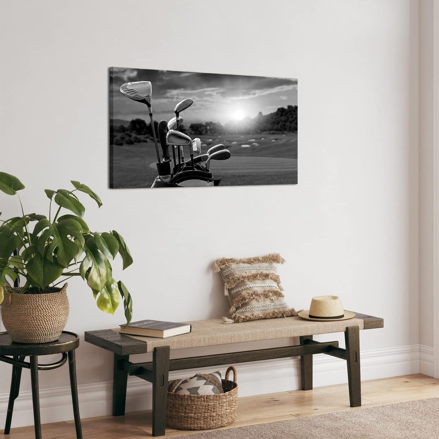 LevvArts Black and White Golf Canvas Wall Art Golf Course at Sunset Landscape Pictures Painting Print Golfing Sports Artwork Decor for Living Room Gym Framed Ready to Hang 20"x36"
