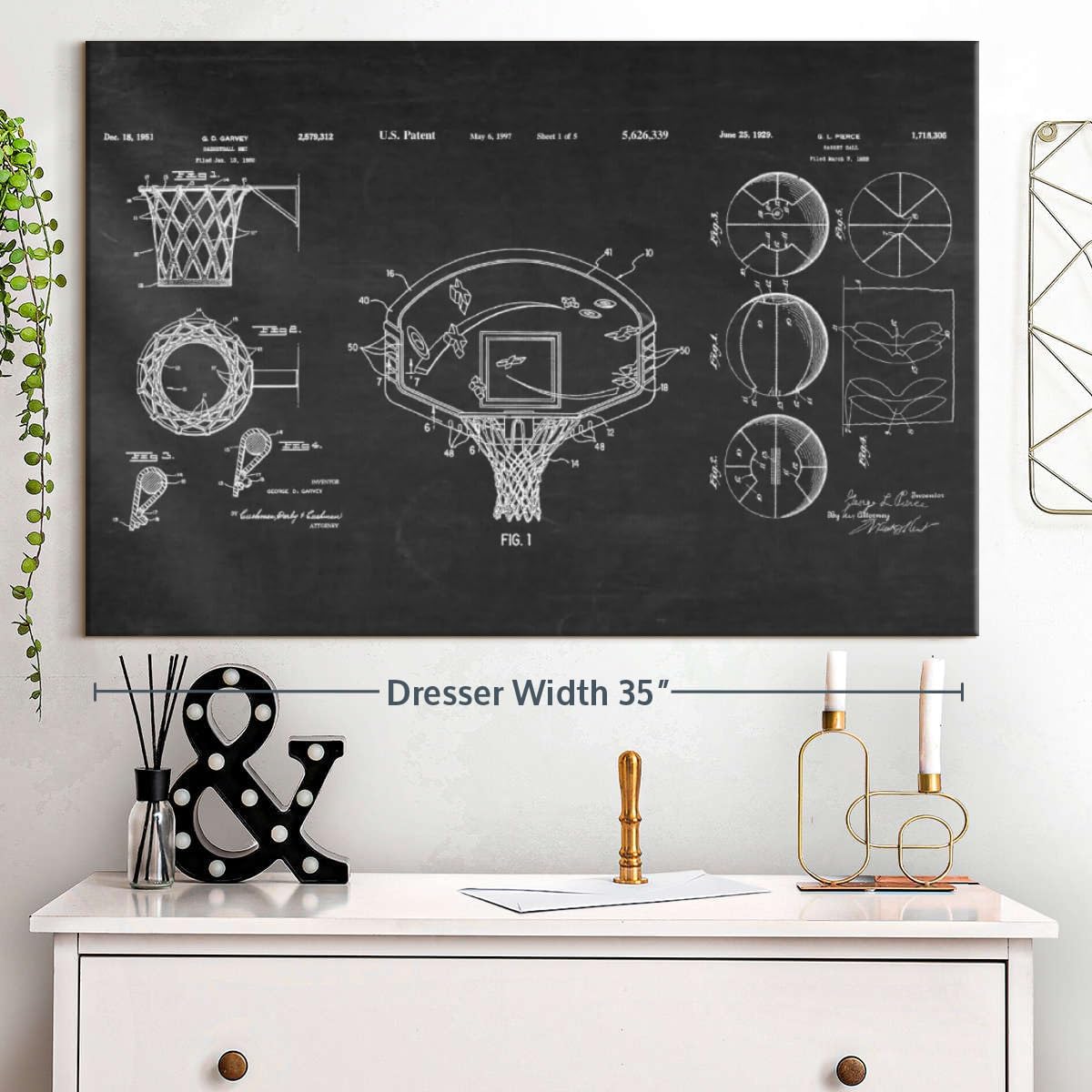 ElephantStock Basketball Patents Canvas - 1 Panel Sports Patent Wall Art Decor - Sports Decorations for Boys Room - Wall Art and Office Decor - 36" X 24"
