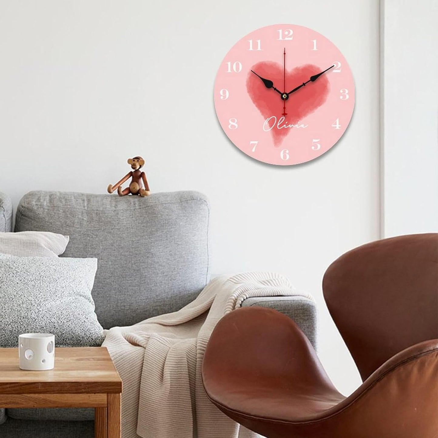 Red Heart Personalized Wall Clocks for Walls,Decorative Kids Wall Clocks Battery Operated 12 inch,Kids Girls Name Wood Wall Clock for Nursery Kids Bedrooms Boys Girls Playroom Decor,Custom Kids Gifts