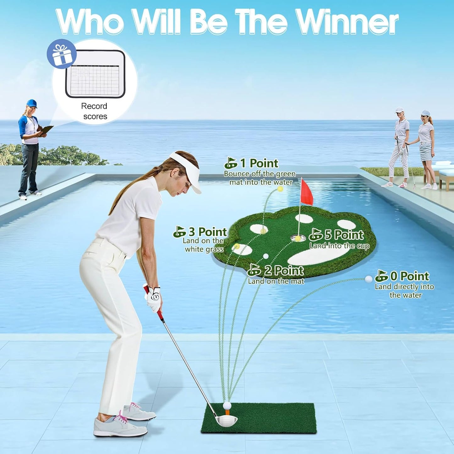 Floating Golf Green for Pool, Patented Pool Golf Game Floating Mat with Ball Retrieve Net/Scoreboard for Party & Training