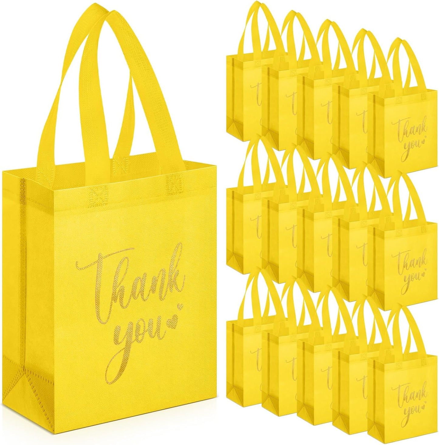 Sweetude 30 Pcs Thank You Gift Bags with Handles Bulk Reusable Goodie Bag Non Woven Foldable Handbag for Graduation Wedding Bridesmaid Gifts(10 x 8 x 4 Inch,Yellow)