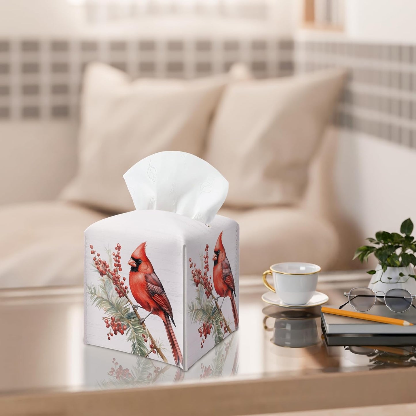 Christmas Tissue Box Holder, Christmas Cardinal Leather Tissue Box Cover Square, Red Feathers Paper Facial Decorative Tissues Cover for Night Stands Bathroom Office Home Decor-B10