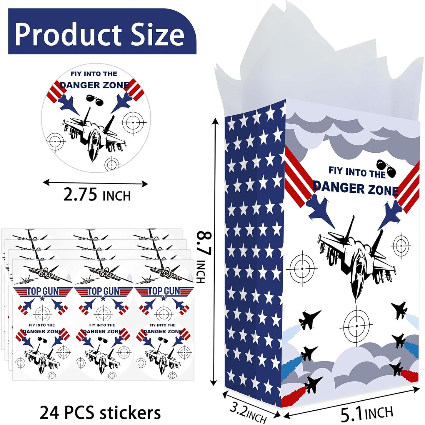 Fighter Jet Party Favor Bags – 24 Pcs Jet Fighter Style Gift Bags with 2 Designs, Paper Goodie Bags for Aviation Theme Birthday Decorations and Military Party Supplies