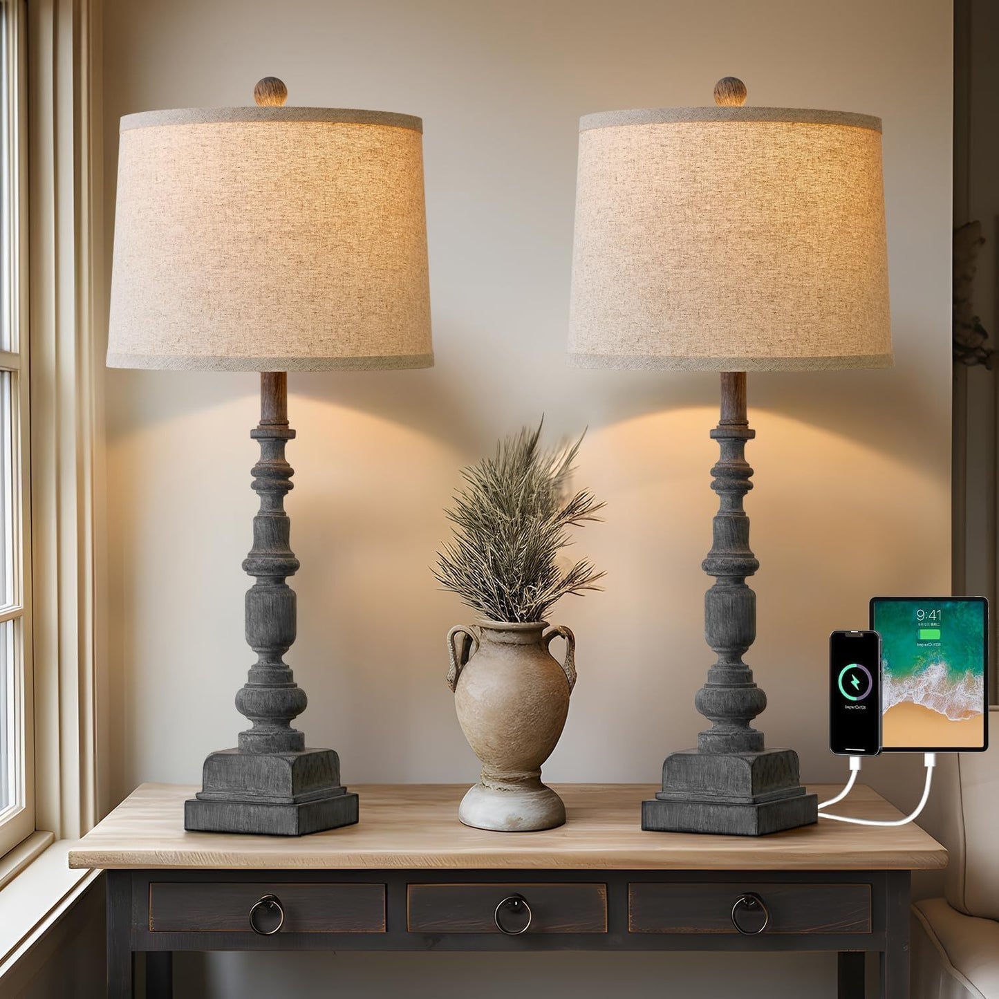 Oneach 27.75" Vintage Farmhouse USB A+C Table Lamps Set of 2 for Living Room Traditional Bedside Lamps for Bedroom Office Mid Century Table Lamp Antique Grey Accent Rustic Lamps for End Table