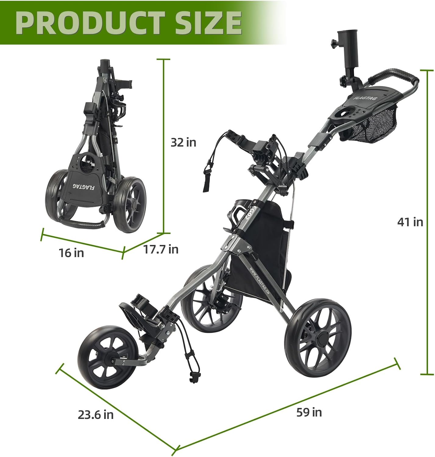 Golf Push Cart 3 Wheel, Folding Golf Cart with Foot Brake,Cooler Bag, Umbrella Holder, Cup Holder, Storage Compartment
