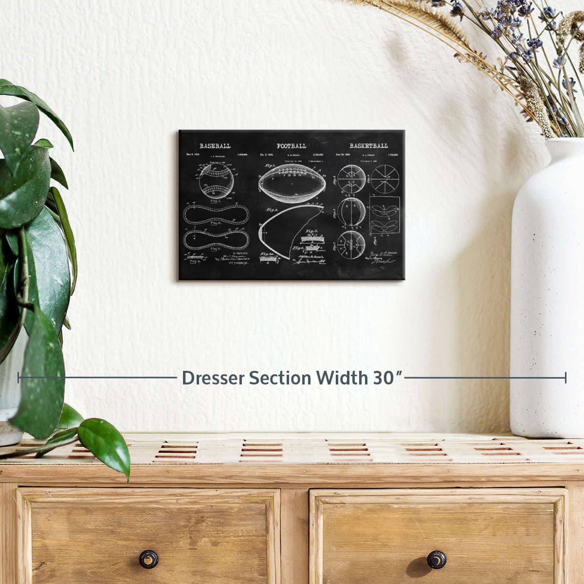 ElephantStock Sports Balls Compilation BW Patent Canvas - 1 Panel Wall Art Decor - Sports Decorations for Boys Room - Wall Art and Office Decor - 12" X 8"