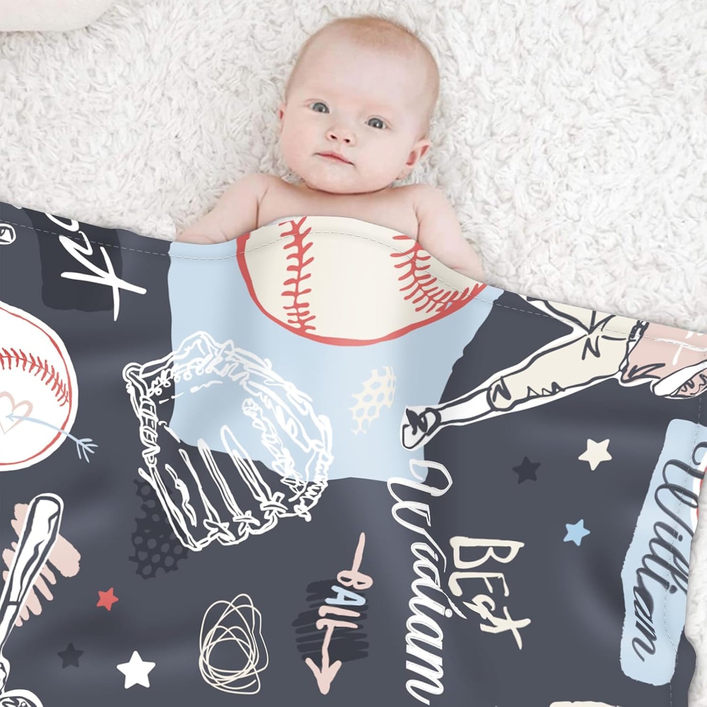 Custom Name Baseball Blanket - Personalized Names Soft Plush Flannel Throw Blankets for Baby Kids Teen Boys Girls Holidays Birthdays Gifts Color01