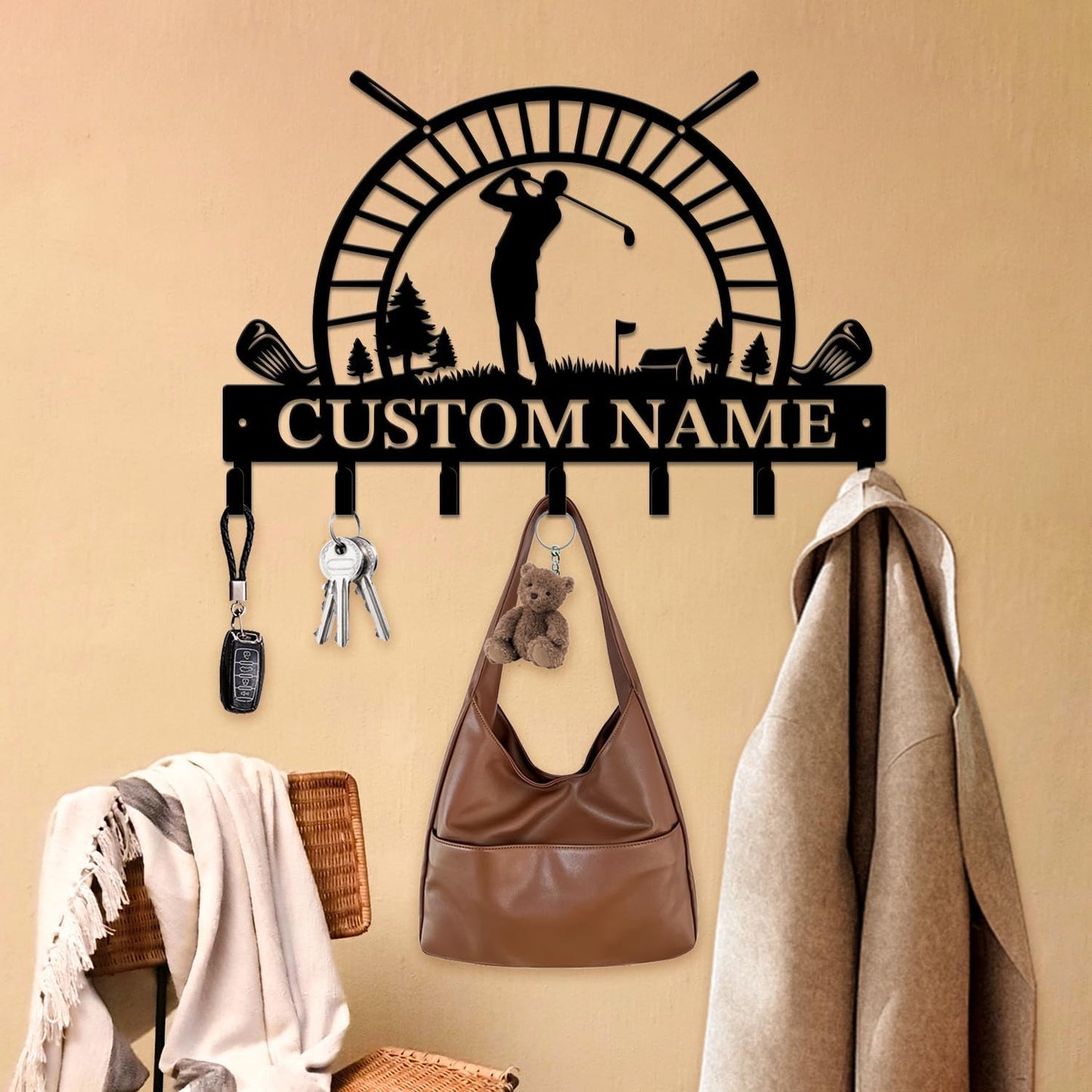 Personalized Custom Name Golf Ball Wall Keys Hooks,Metal Golf Art Clothes Hooks,Metal Golf Lover Wall Home Storage Decorative,For Front Door, Hallway, Kitchen, Bedroom,Keys,Hats (Style D)