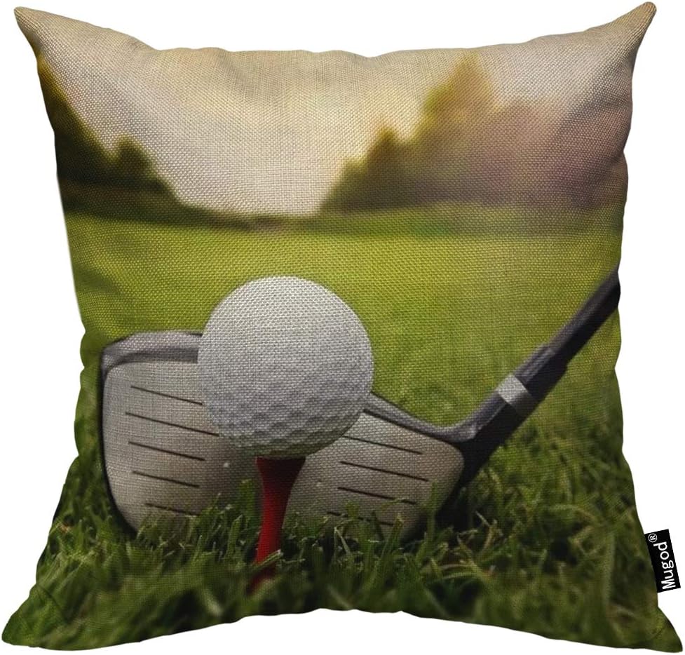 Mugod Play Golf Throw Pillow Golfball Golf Club on Grassland Red White Black Green Cotton Linen Square Cushion Cover Standard Pillowcase 18x18 Inch for Home Decorative Bedroom/Living Room/Car