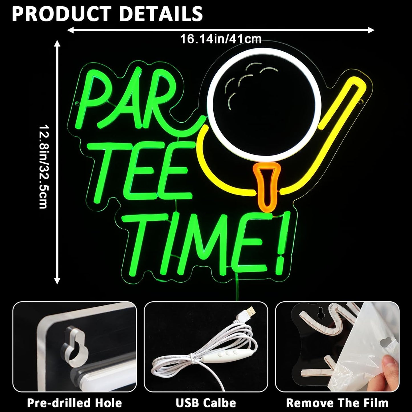 Neon Sign for Wall Decor, Par Tee Time Neon Sign, 16.14" x 12.8" Golfing LED Sign USB Dimmable Golf Ball Neon Lights for Room, Party, Club, Office, Man Cave, Window, Wall Decor