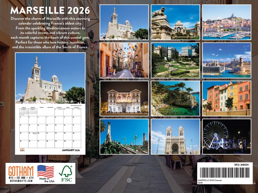 Marseille France Calendar 2026 Monthly Wall Calender 12 Month | American Made In The USA