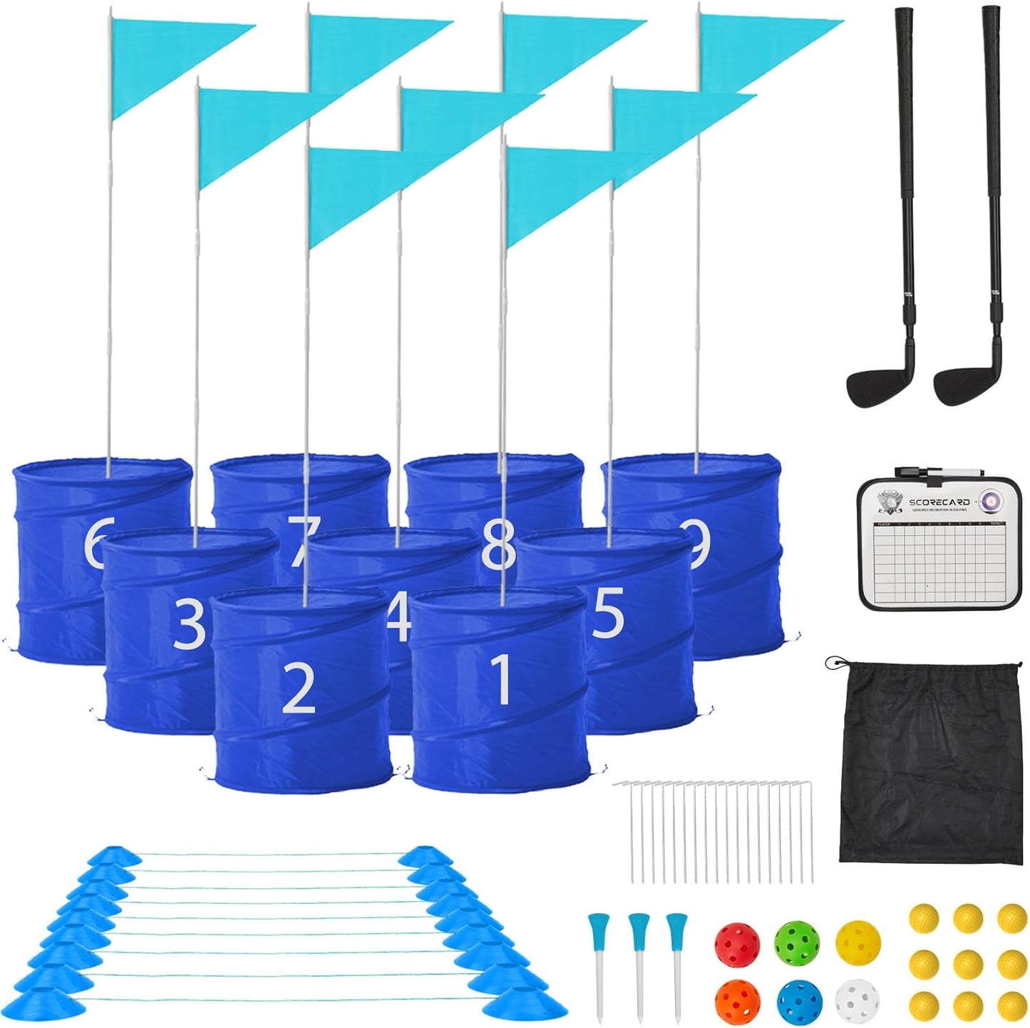 Bucket Yard Golf Game with Clubs 9 Hole Set Portable Low Tide Golf Game for Beach Backyard Lawn with 2 Golf Outdoor Indoor Golf Chipping Games for Adults Family Club Party (Blue, 9 Bucket)