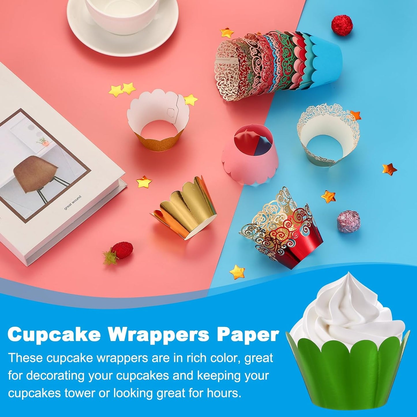 PATIKIL Cupcake Wrappers Paper, 50 Pack Baking Cups Standard Wave Decoration for Anniversary Birthday Weddings and Parties, Reflective Green