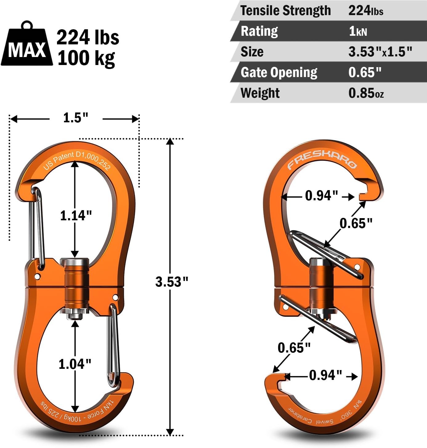 FresKaro 1kN Double-Ended Wiregate Carabiner Clip, Patented Design, Reversible 360 Spin, Lightweight Utility Hook for Hiking, Camping, Fishing, Birdfeeders, Keychain, Not for Climbing