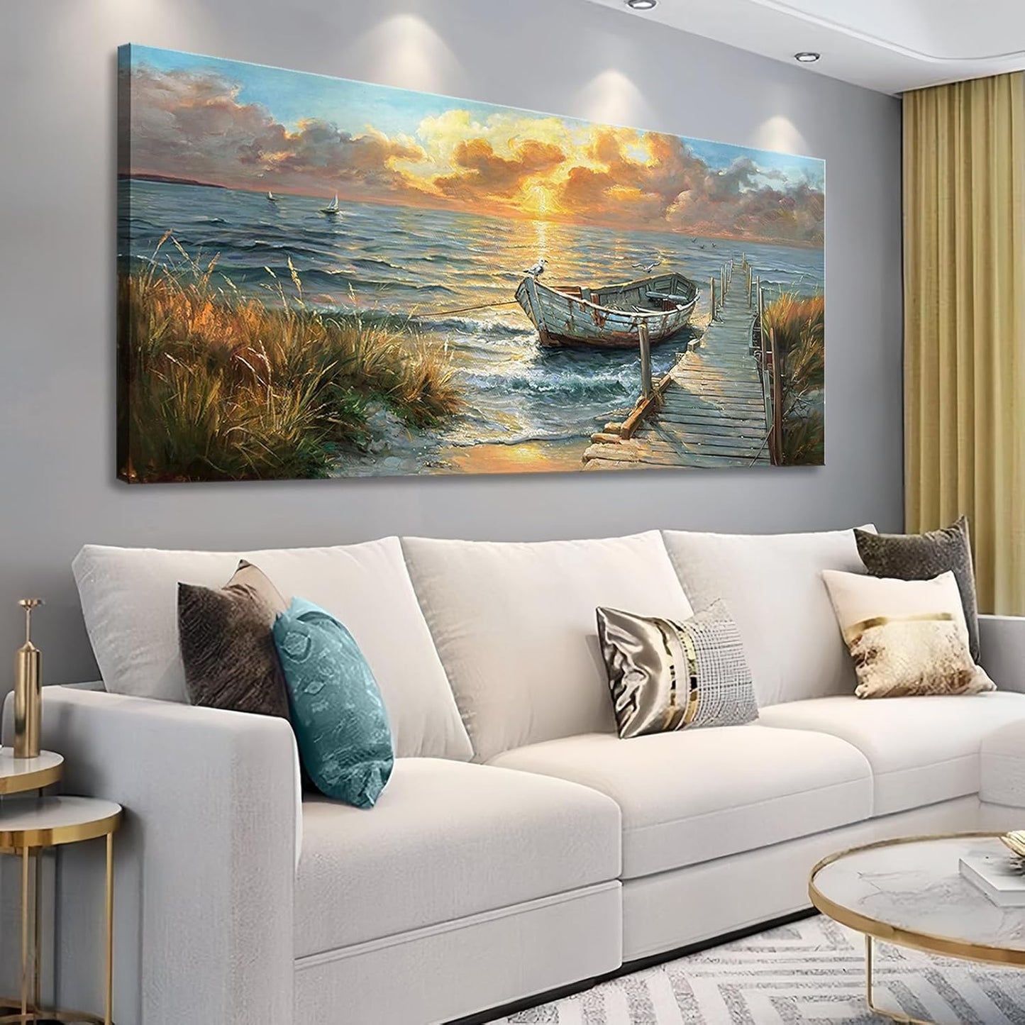 dgbtcart Ocean Sailboat Large Wall Art, Sunset Beach Painting Art Prints, Coastal Landscape Artwork for Walls, Seaside Pictures Wall Decor Living Room Bedroom Office Hotel Ready to Hang 24x48inch