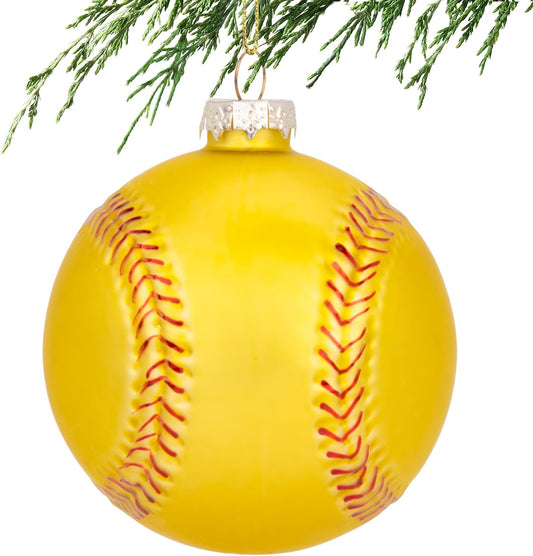 3.15” Christmas Softball Glass Blown Ornament, 2025 Hand-Painted Sports Ball Decoration for Xmas Tree Holiday Decor Gifts