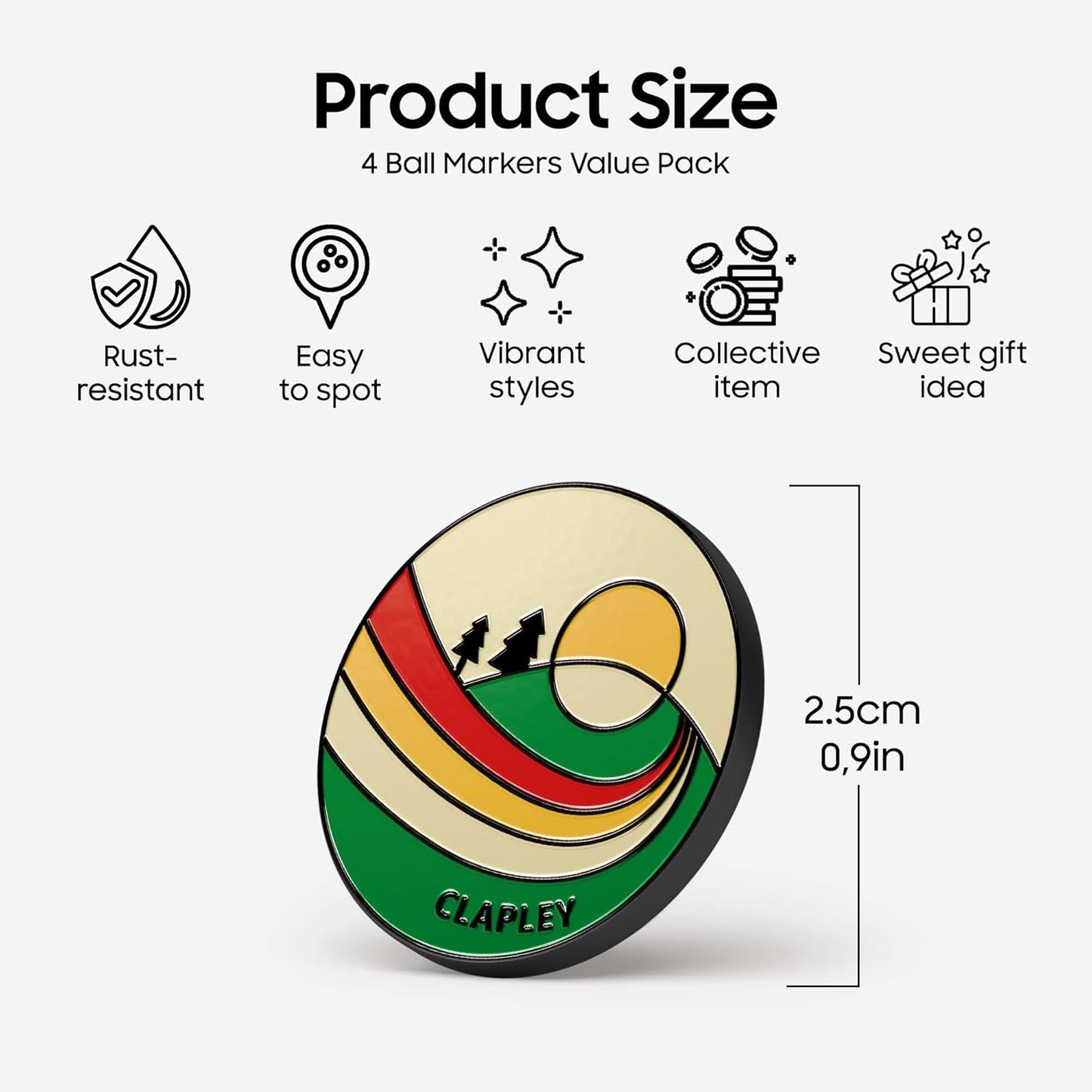 Ball Markers, 0.9 Inch, Made from Stainless Steel and Oven-Cured Enamel; an Essential Accessory for Golfers, Eye-catching and Easy to Spot On The Green, Pack of 4