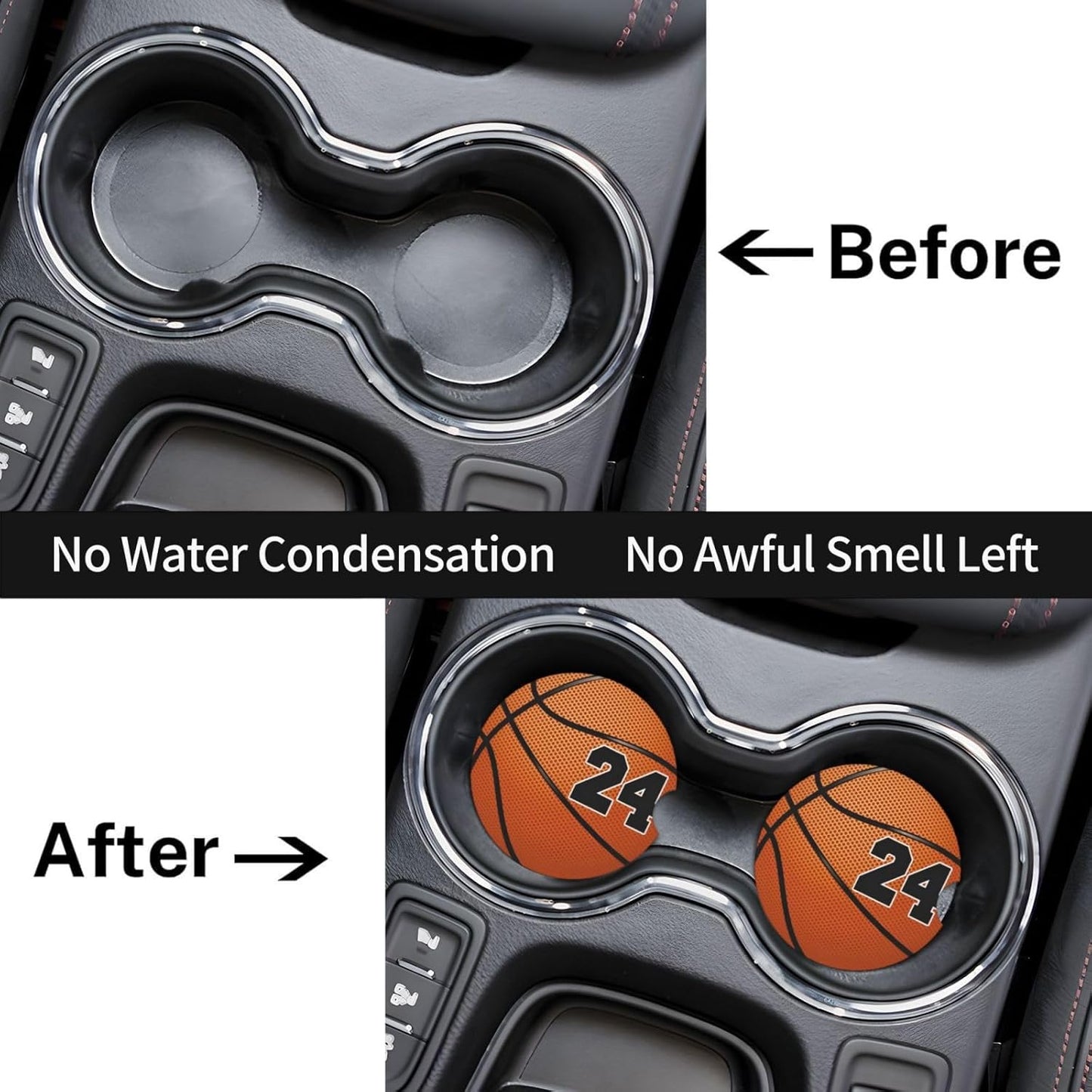 Car Cup Holder Coasters, Basketball No 24 Car Coasters for Cup Holder Drinks, 2 Pack Ceramic Cute Auto Interior Accessories for Women Men