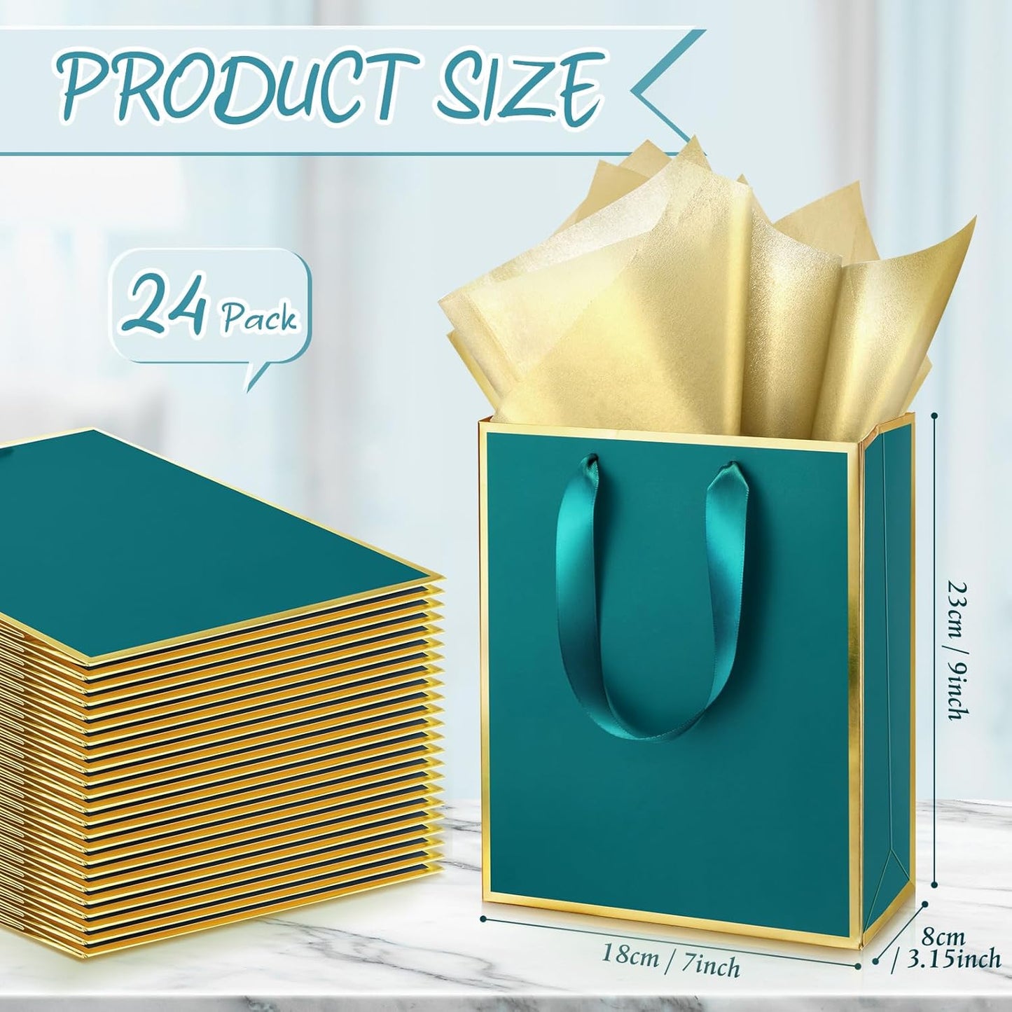Yeaqee 24 Pack Metallic Paper Gift Bags with Handle and Tissue 9x7x3.1 Gold Foil Welcome Favor Bags Return Gifts for Wedding Fall 5 Senses Christmas Bridesmaid Birthday(Turquoise, Gold)
