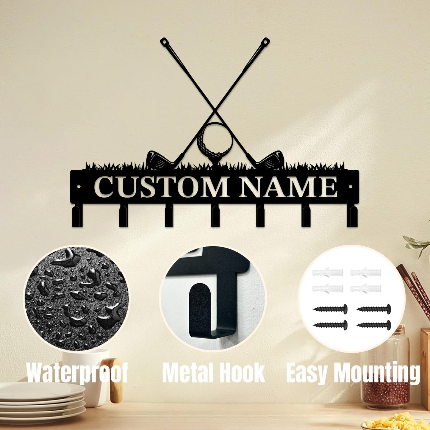 Personalized Custom Name Golf Ball Wall Keys Hooks,Metal Golf Art Clothes Hooks,Metal Golf Lover Wall Home Storage Decorative,For Front Door, Hallway, Kitchen, Bedroom,Keys,Hats (Style F)