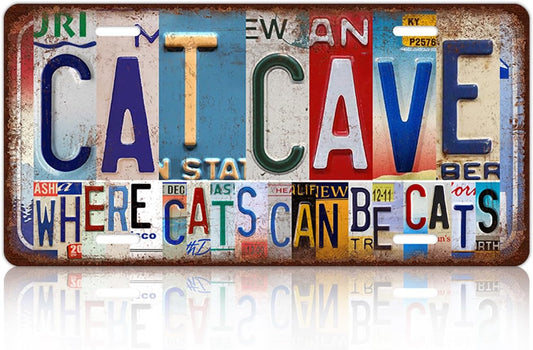 Vintage License Plate Wall Decor Cat Cave Where Cats Can Be Cats Metal Tin Sign12 x 6 Inches