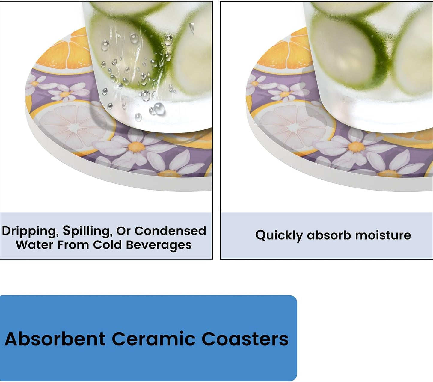 Ceramic Coasters for Drinks with Cork Back, Citrus Slice Daisy 4 Inch Absorbent Coaster Set 1 Pack, Quick Dry Non-Slip Coaster Mats for Home, Office, Bar