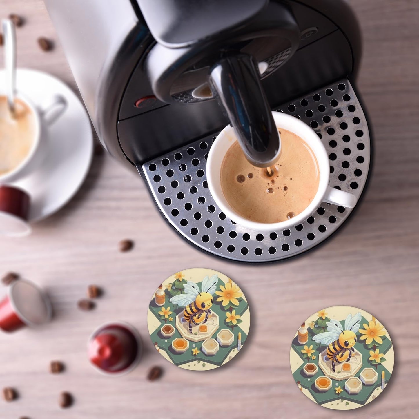 Ceramic Coasters for Drinks with Cork Back, Cute Bee Honeycomb 4 Inch Absorbent Coaster Set 1 Pack, Quick Dry Non-Slip Coaster Mats for Home, Office, Bar