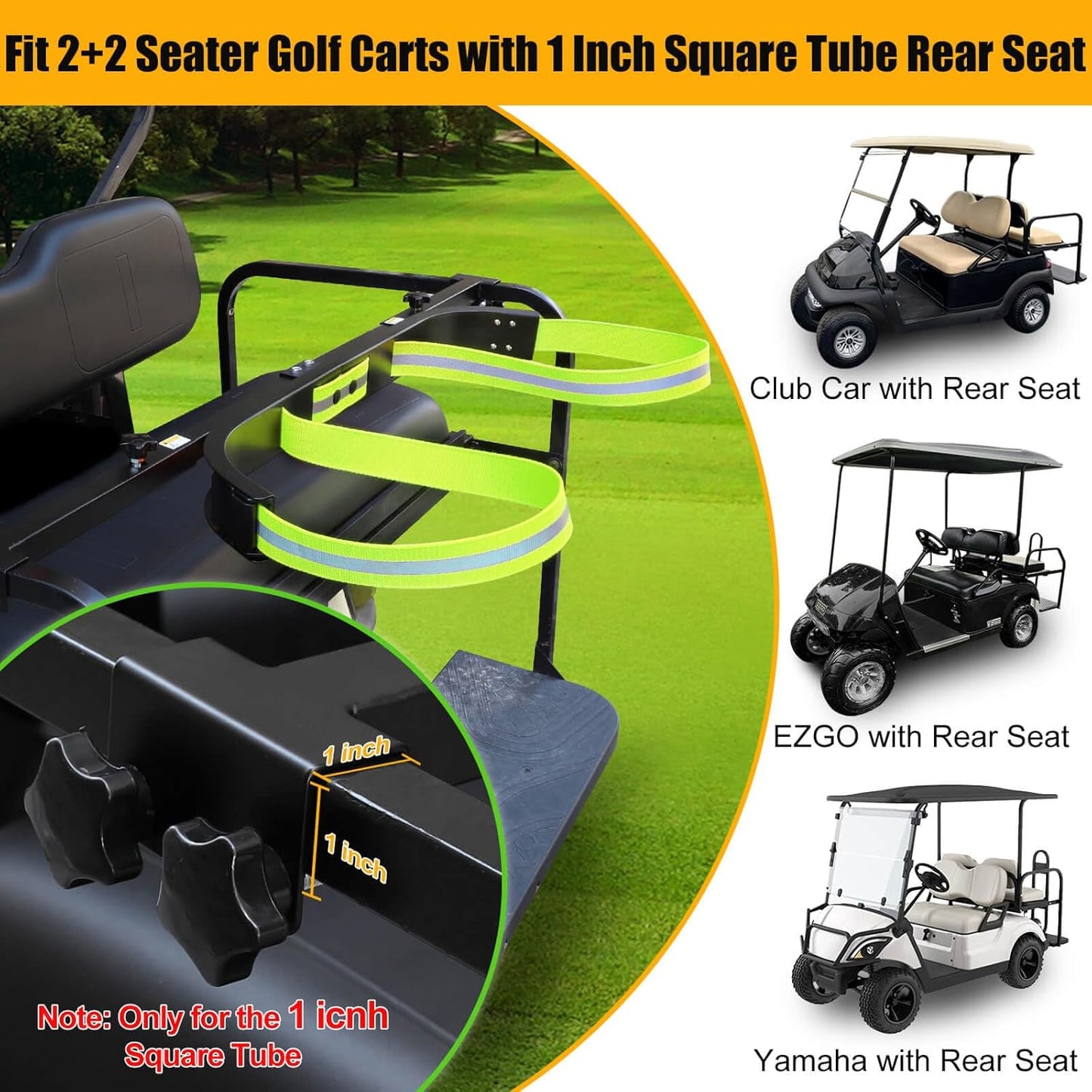 No Drilling Golf Cart Bag Holder Bracket for 2+2 Golf Cart Rear Seat with 1 Inch Square Tube, Universal Golf Bag Attachment Adjustable for EZGO Club Car Yamaha Golf Carts