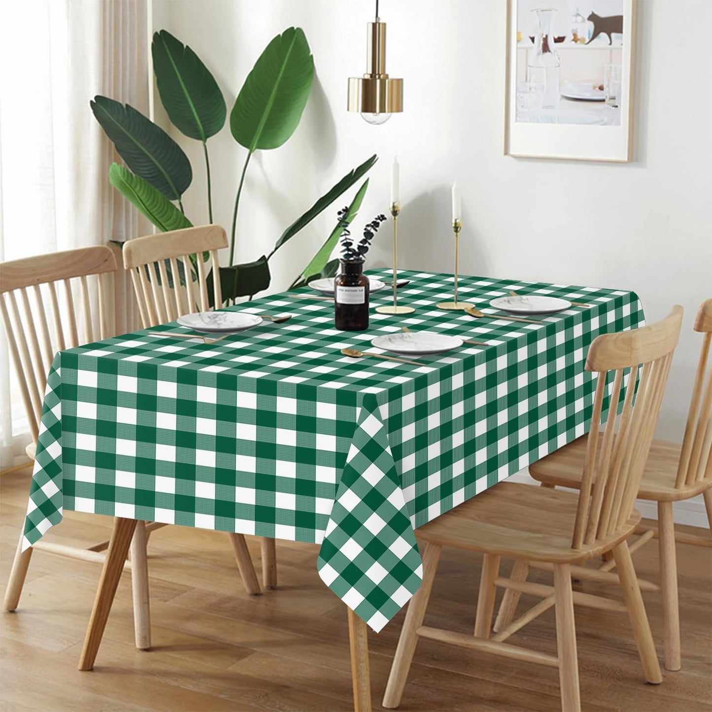 QIKSION Green Gingham Tablecloth Disposable 2 Pack, 54 x 108 Inch Green and White Checkered Table Cloth for Rectangle Tables, Plastic Table Cover