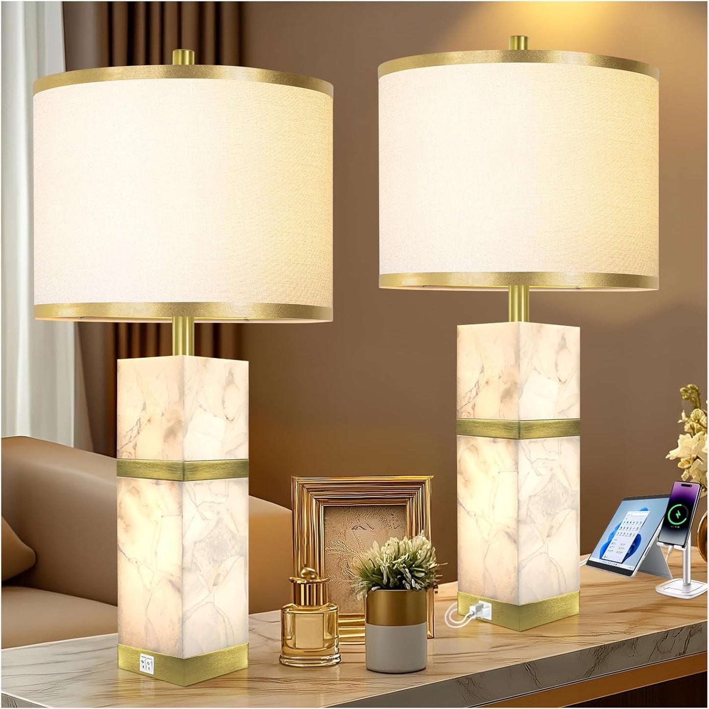 Natural Alabaster Table Lamps Set of 2 - Table Lamp with Night Light for Bedroom,Nightstand Lamps with USB Ports,Bedside Lamps with Linen Fabric Shade for Living Room,Bedroom,Office,Bar(Bulb Included)