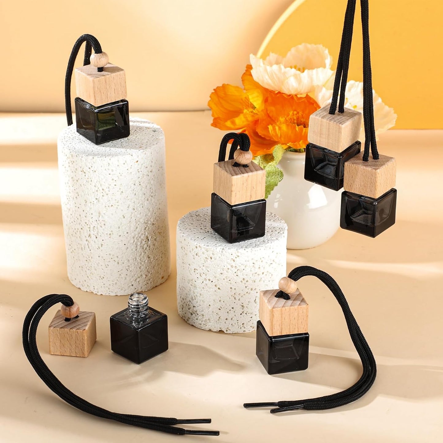 BBTO 50 Pcs Hanging Car Air Freshener Car Diffuser Bottles Empty Glass Perfume Bottle Freshener Diffuser Bottle Pendant for Essential Oil Fragrance Aromatherapy Bottle Ornament (Black,Cube)
