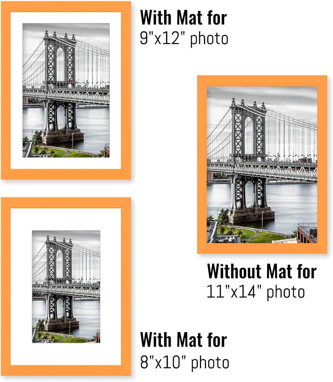 11x14 Solid Wood Picture Frames - Display 9x12 or 8x10 Pictures with or without Mat, Poster Photo Frame Art with 2 Mats for Wall Mounting or Table Top (Orange)