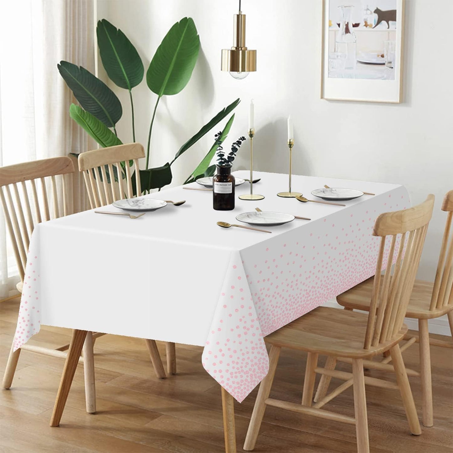 QIKSION 12 Pack White and Pink Dot Plastic Tablecloth, Waterproof Disposable Party Table Cloths for Baby Shower, Wedding, Anniversary, Birthday Party(54 × 108 Inch)