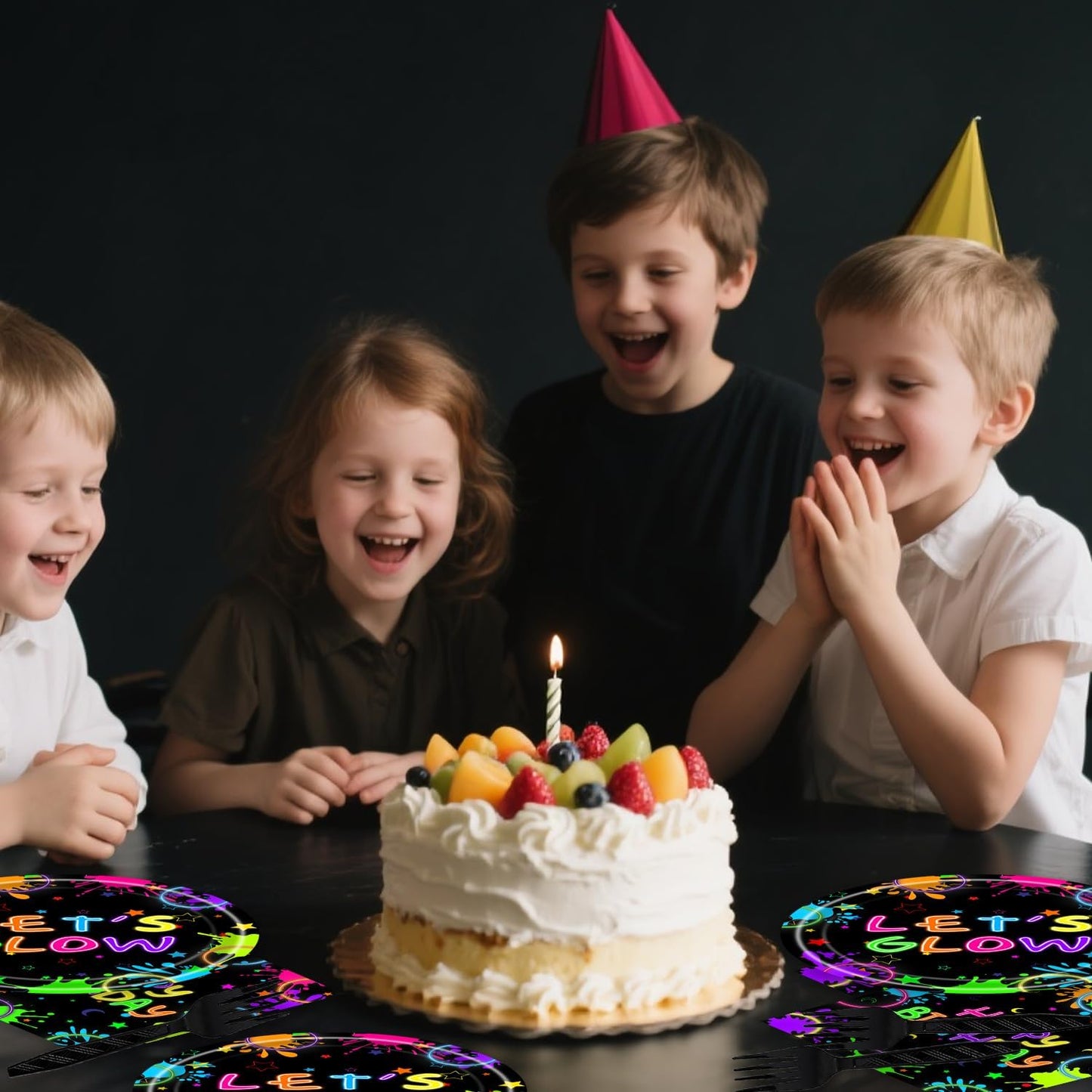 Neon Party Decorations 48Pcs Black Not Glow Birthday Plates and Napkins Sets Glow Party Supplies for Birthday Baby Shower Decorations Serve 16