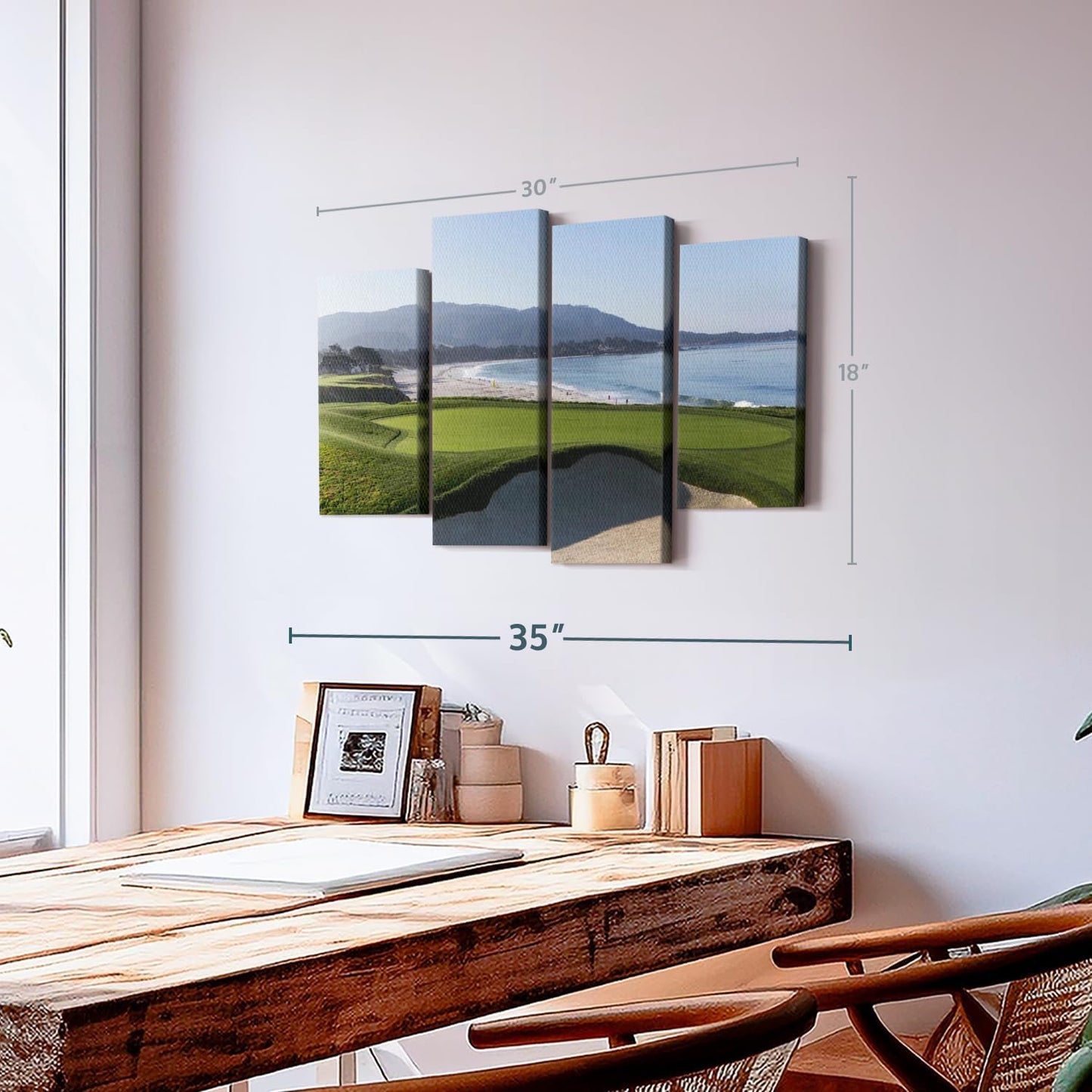 Elephant Stock Monterey CA Golf Course Wall Art - Horizontal Canvas - 4-Piece Living Room Wall Decor - Photography Sports Canvas Print - Blue and Green Decor for Wall - 30" X 18"
