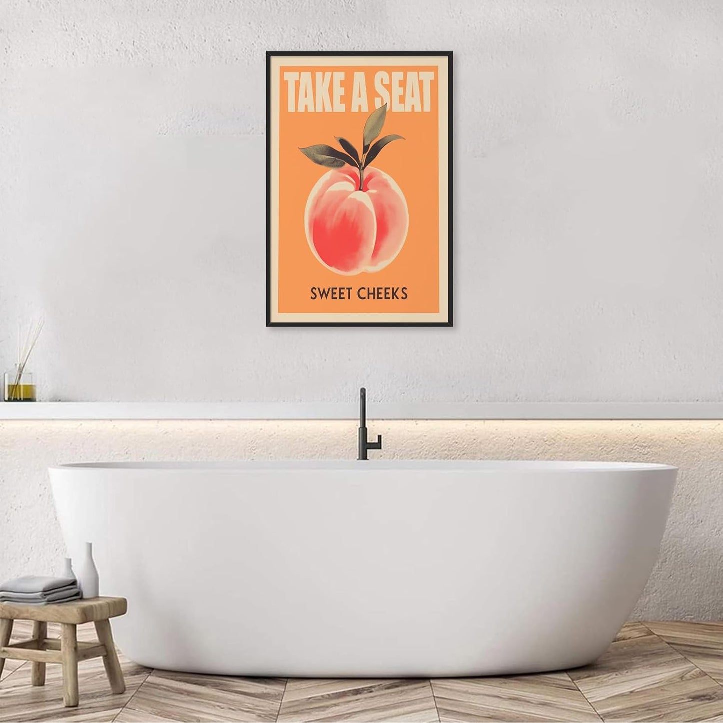 Take a Seat Sweet Cheeks Poster, Funny Bathroom Wall Art Peach Bum Art Canvas Print, Minimalist Preppy Orange Pink Wall Decor for Dorm Toilet 16x24in Framed
