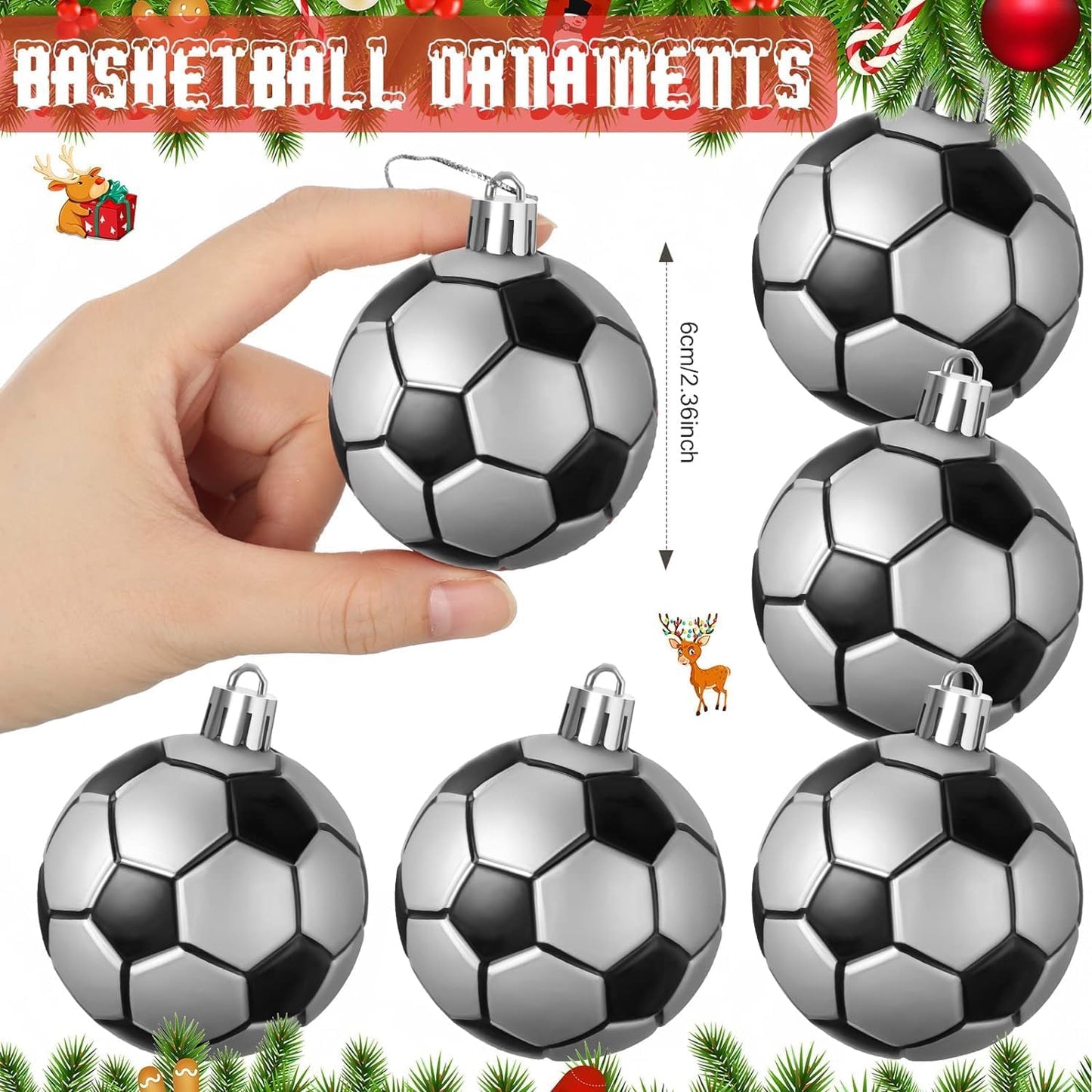 Leitee 18 Pcs Christmas Plastic Soccer Ball 2.36 Inch Xmas Tree Ornaments with Hanging Loop Sports Theme Decorative Hanging Ornaments for Holiday Party Christmas Tree Home