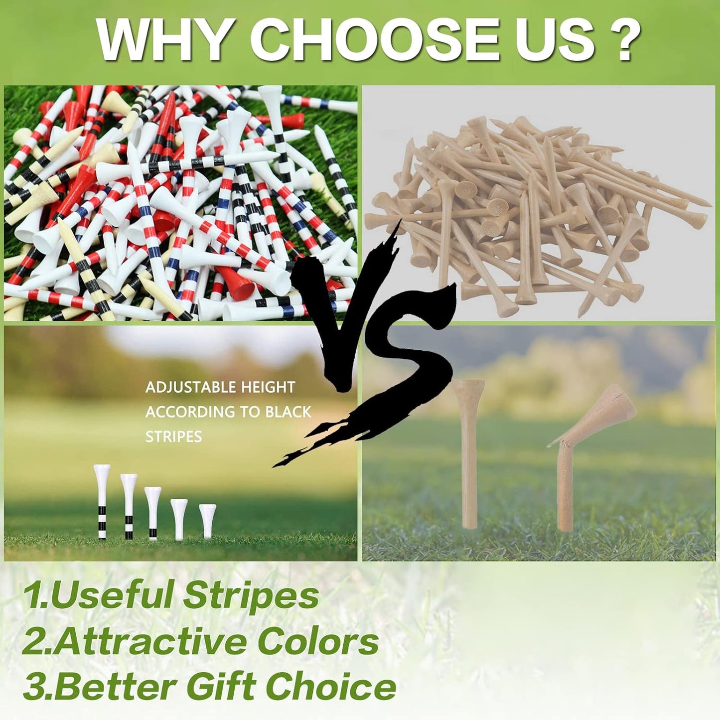 FINGER TEN Golf Tees Wood 3 1/4 2 3/4 Inch Wooden Bamboo 50/120 Count, Durable Biodegradable Colored Bulk Tee 70mm 83mm