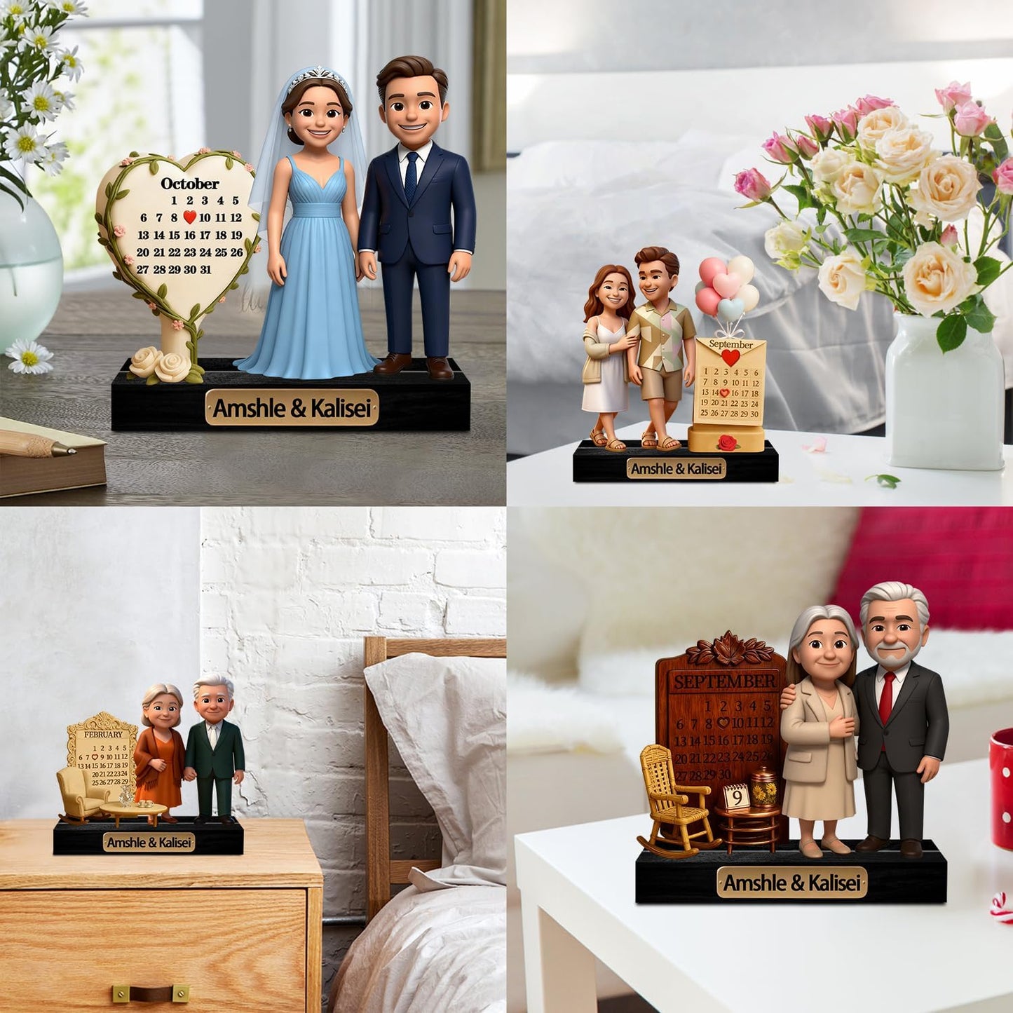 Personalized Couple Cartoon Photo Sculpture Ornament Custom Name Date 2D Acrylic Cartoon Style Figurine Desk Decor Gift for Couple Valentine's Day Xmas Anniversary (Style 16)