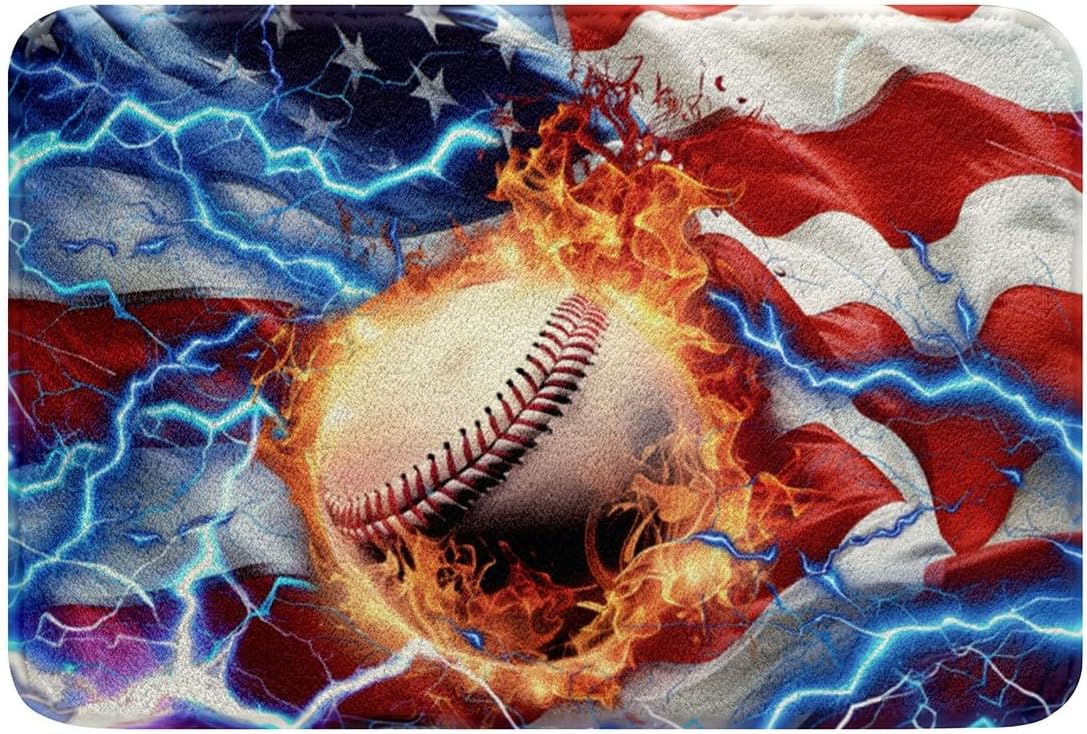 Feelyou 3D Baseball Soft Fleece Door Carpet American Flag Polyester Bath Rug for Kids Boys Girls Fire Ball Sports Non Slip Bath Mat Retro USA Flag Bathroom Floor Indoor Doormat,20x32 Inch