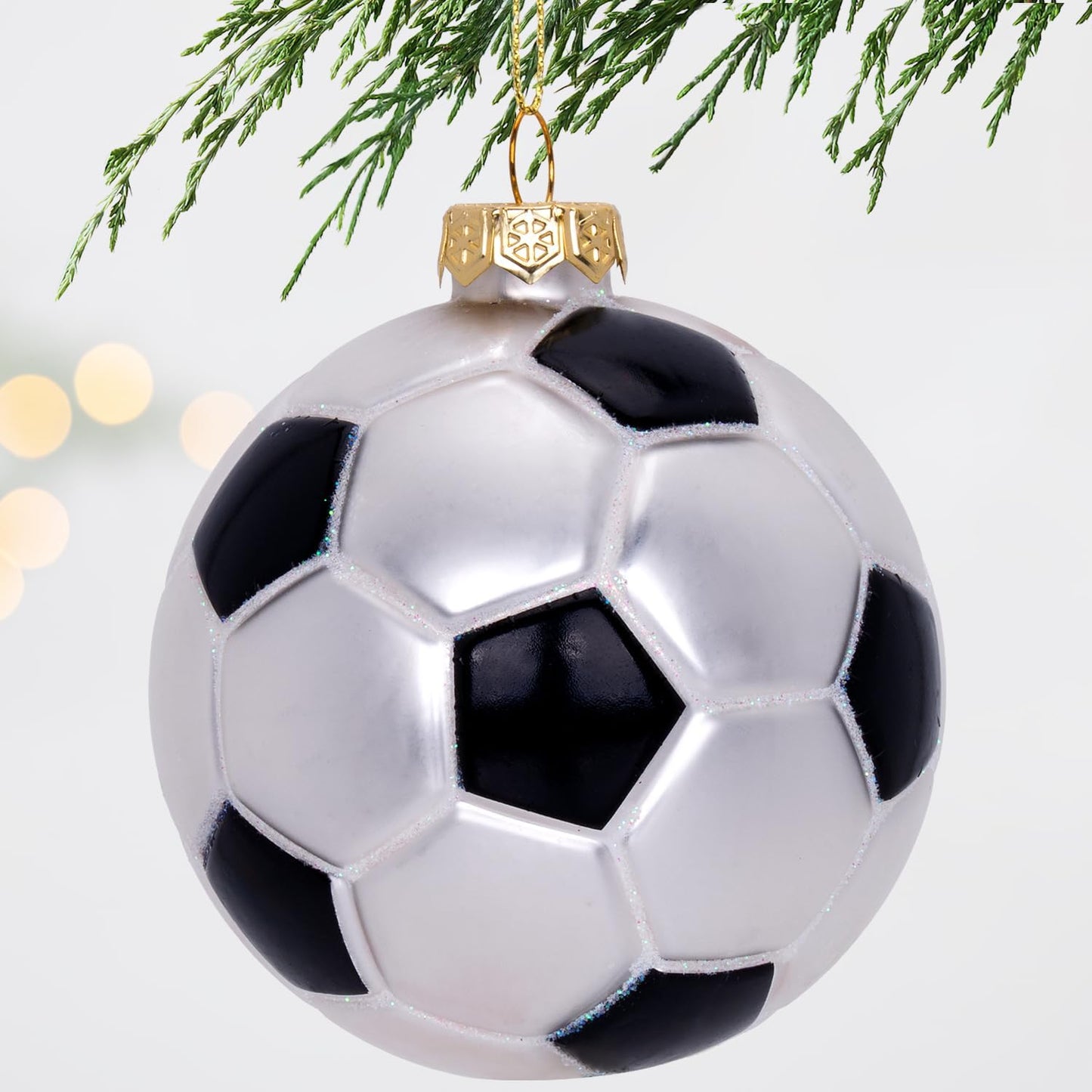 3.15” Christmas Soccer Ball Glass Blown Ornament, 2025 Hand-Painted Sports Ball Decoration for Xmas Tree Holiday Decor Gifts