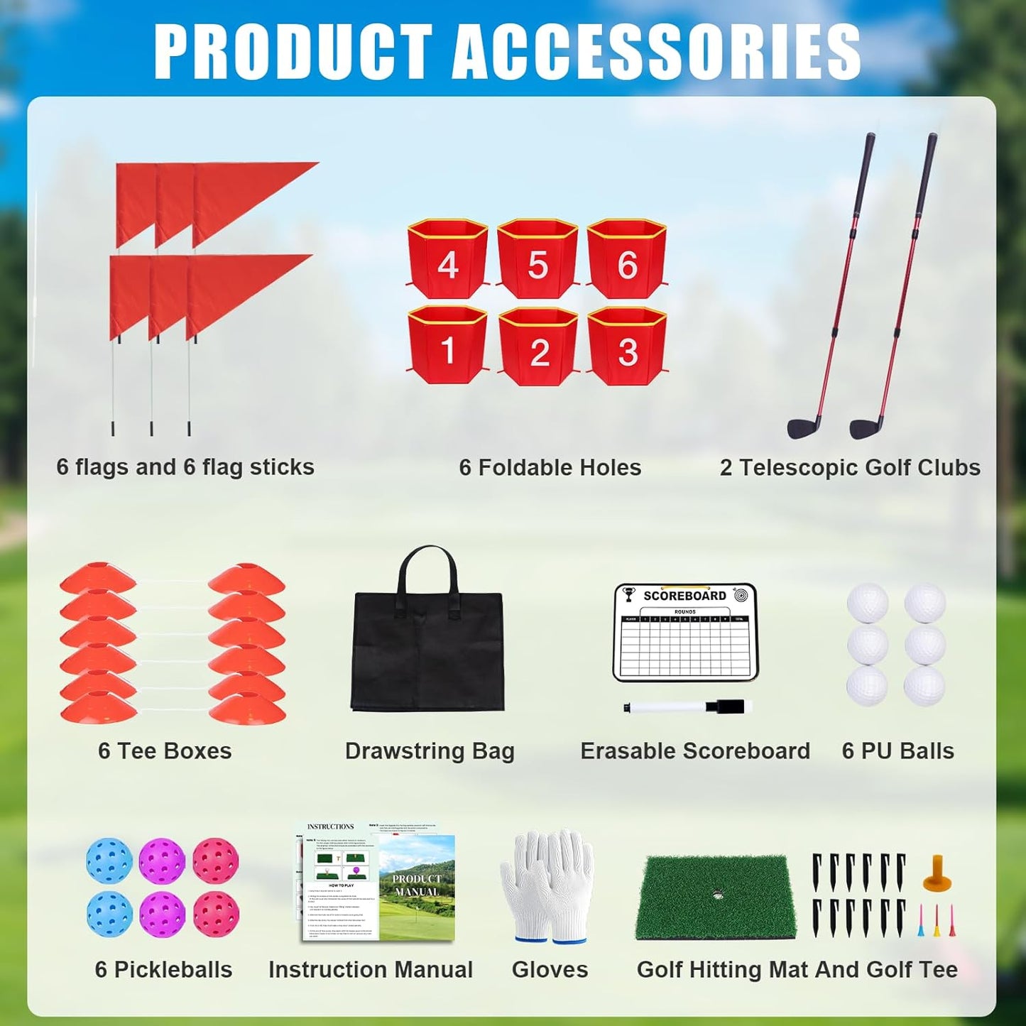 Backyard Golf Game,6pcs Golf Yard Game with 2 Adjustable Clubs, Suitable for Lawns,Outdoors,Parks and Beaches