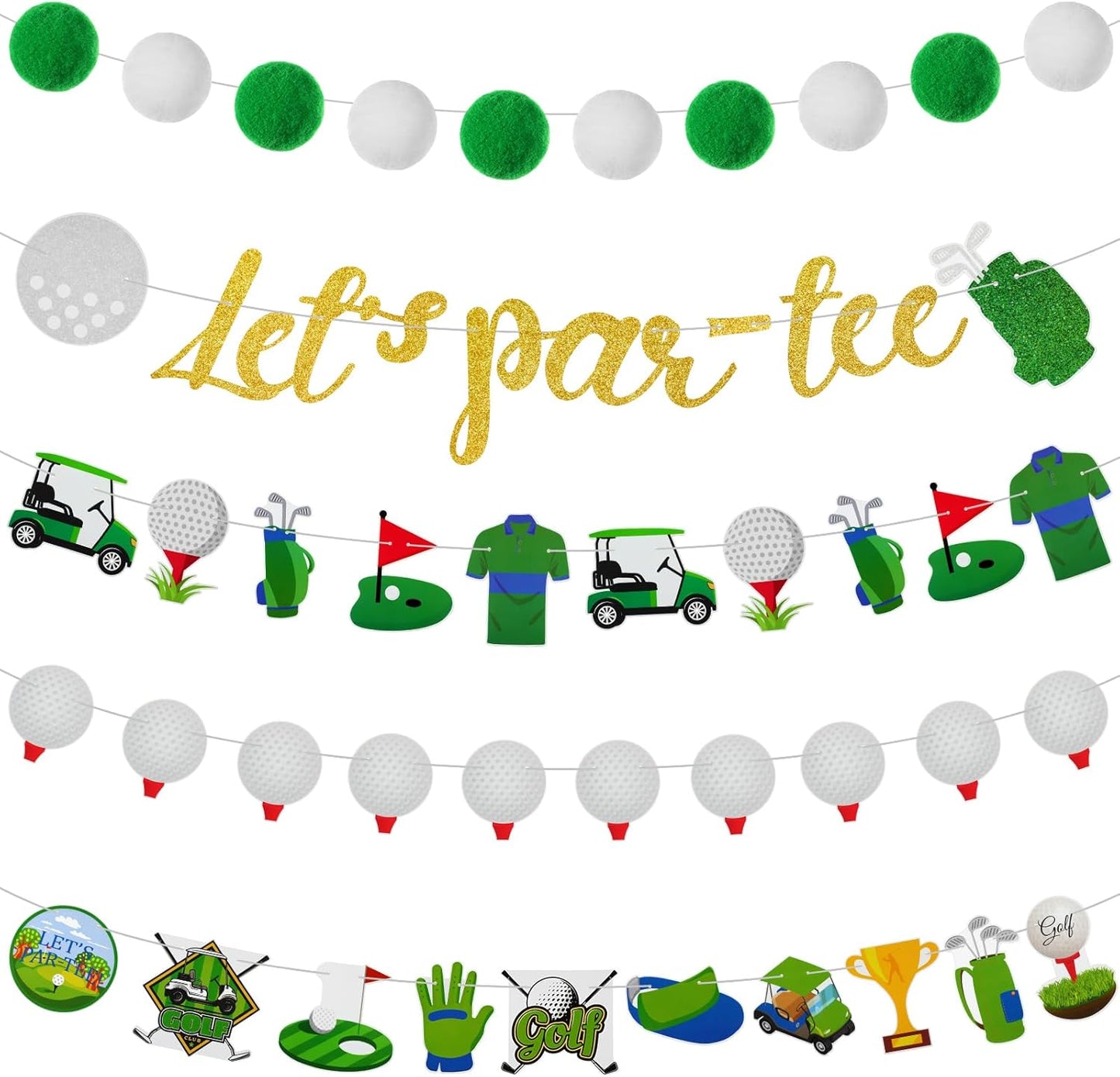 Colarr 5 Pcs Golf Themed Birthday Banner Let's Par-tee Garland Retirement Party Banner Glitter Golf Ball Club Cutouts Decorations Supplies Green Hanging Decor for Photo Props Birthday Party