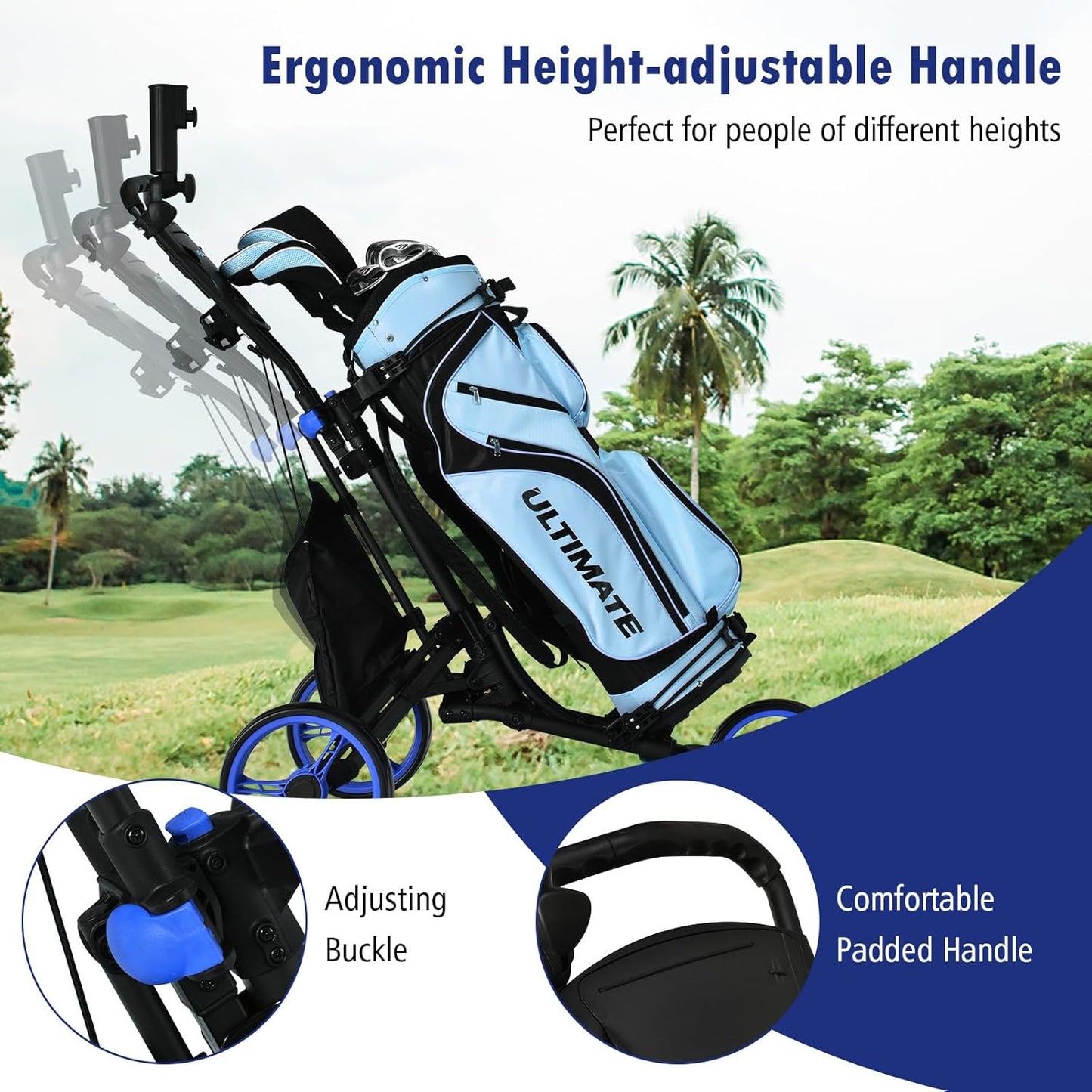ULTIMATE 3 Wheel Golf Push Cart, Aluminum Folding Golf Walking Push Cart w/Elastic Strap, Umbrella & Cup Holder, Scoreboard Storage, Insulated Storage Bag, Adjustable Handle & Foot Brake