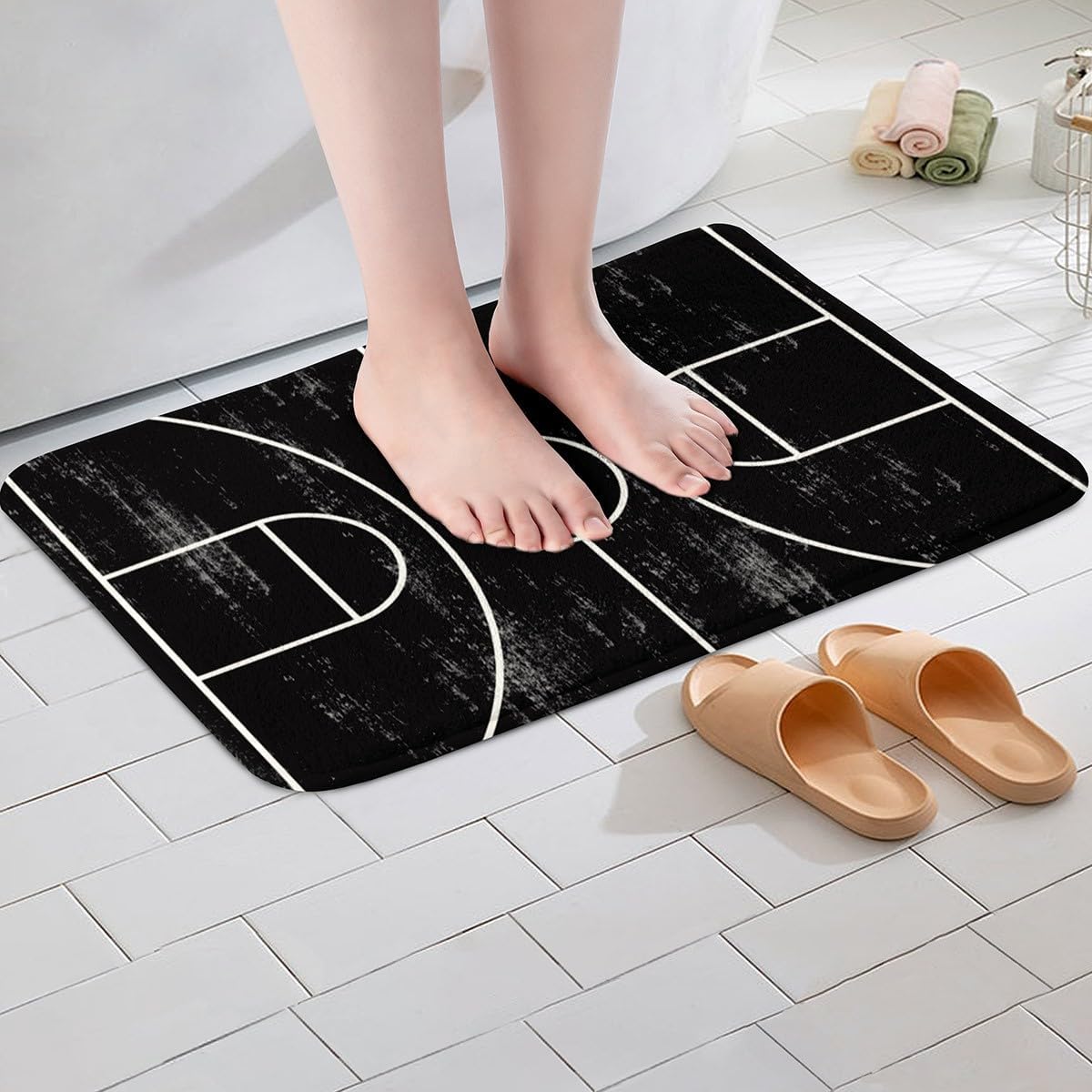 Feelyou Basketball Polyester Bath Rug Black White Soft Fleece Door Carpet for Kids Boys Girls Basketball Court Print Non Slip Bath Mat Ball Game Bathroom Floor Indoor Doormat,16x24 Inch