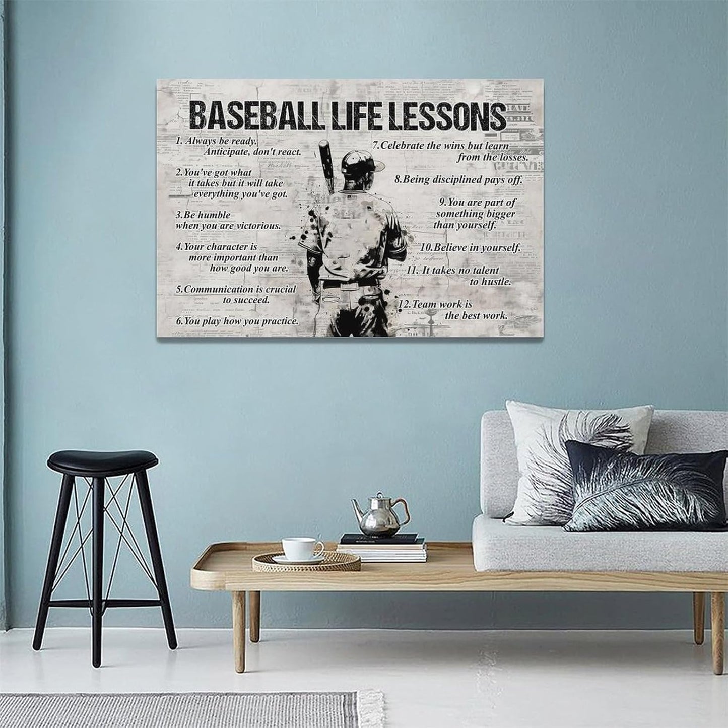 Baseball Sports Wall Art Baseball Life Lessons Wall Decor Baseball Sign Retro Poster Boy Men Room Motivational Decorations Canvas Print Painting Artwork for Bedroom Bathroom Living Room 24"x16"