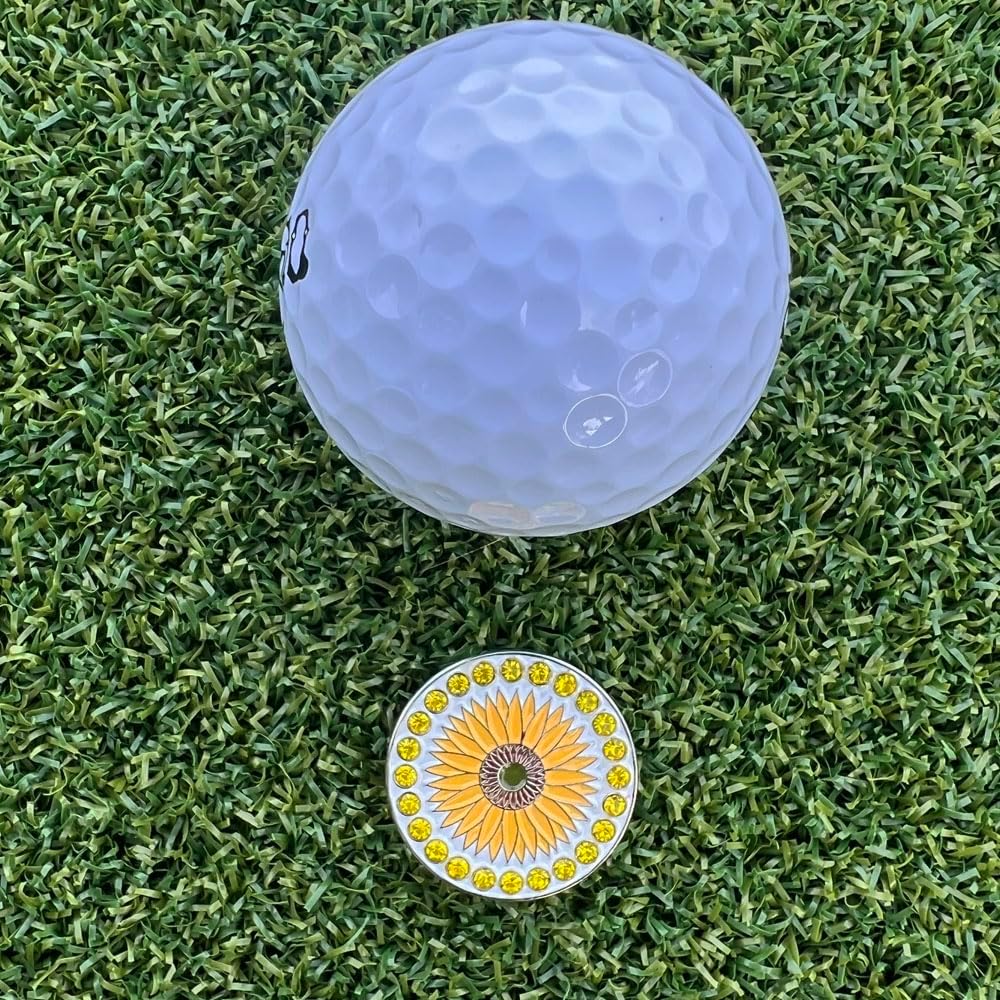 Giggle Golf Yellow Plastic Divot Repair Tool with Metal Bling Sunflower Golf Ball Marker | Foldable Switchblade Divot Tool