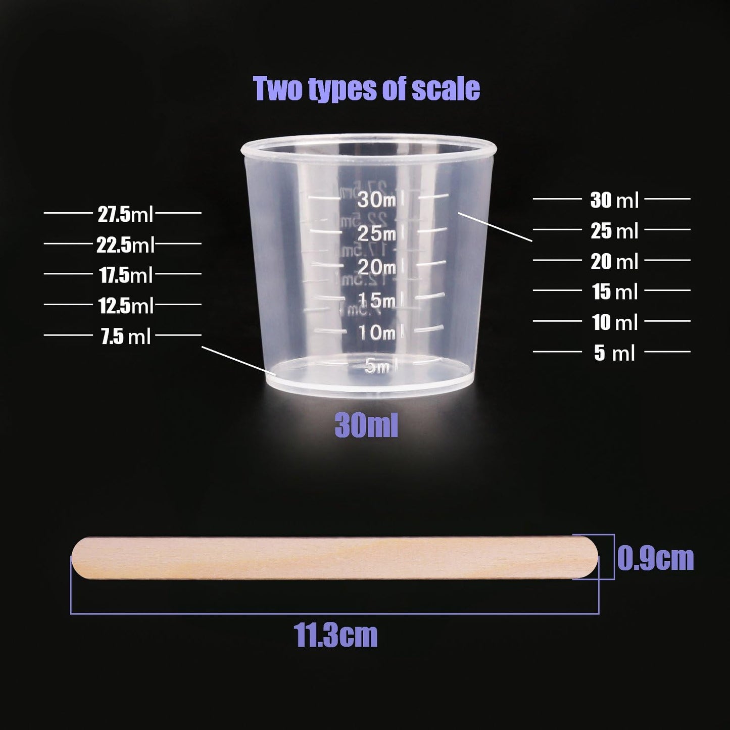 WXJ13 50 Pack 30ml Plastic Reusable Graduated Cups Transparent Scale Cups with 50 Pack Wooden Stirring Sticks for Mixing Paint, Stain, Epoxy, Resin