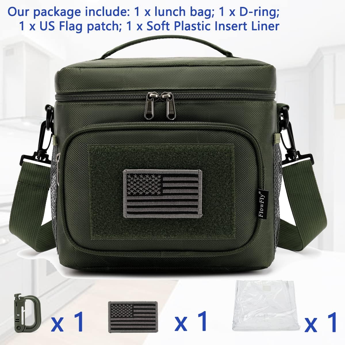 FlowFly Tactical Lunch Bag Large Insulated Lunch Box Cooler Tote for Men, Women with MOLLE/PALS Webbing (Army#Green, Medium)